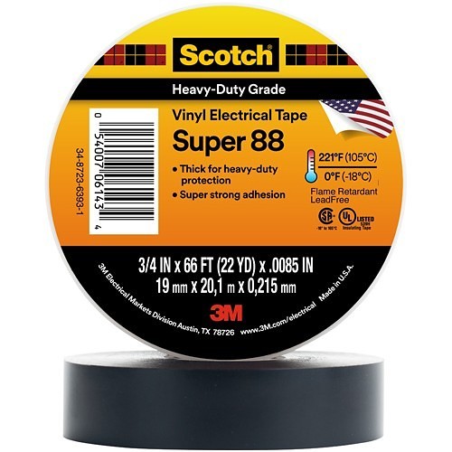 3M™ 6143 Electrical Tape, 66 ft Length, 3/4 in Width, 8.5 mil Thickness, rubber Adhesive, PVC Backing, Black