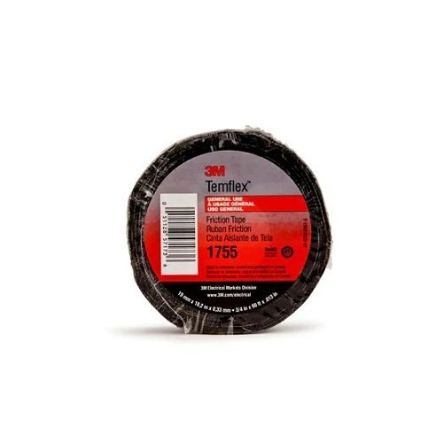 3M Temflex™ 1755 Cotton Friction Tape, 60 ft Length, 3/4 in Width, 13 mil Thickness, Cotton Cloth Material Type, Thermostable Rubber/Resin Adhesive, Black