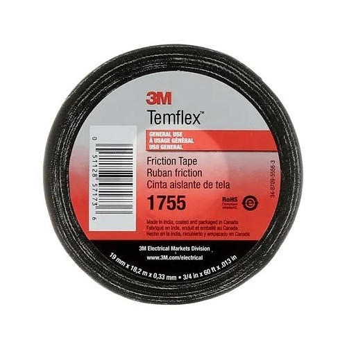 3M 3M7000058870 Cotton Friction Tape, 60 ft Length, 3/4 in Width, 13 mil Thickness, Thermostable Rubber/Resin Adhesive, Cotton Cloth Backing, Black