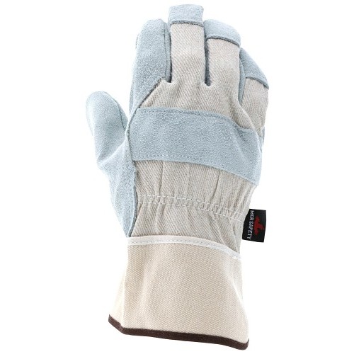 MCR Safety 1400M Work Gloves, Gunn Glove Type, Wing Thumb, Medium, #8, Cowhide Leather Palm, Blue/Gray, Safety Cuff Cuff, Uncoated, Cotton Fleece