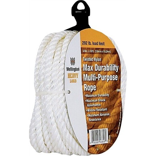 Rope, 3/8 in Dia, 50 ft Length, White, Nylon, 292 lb Load