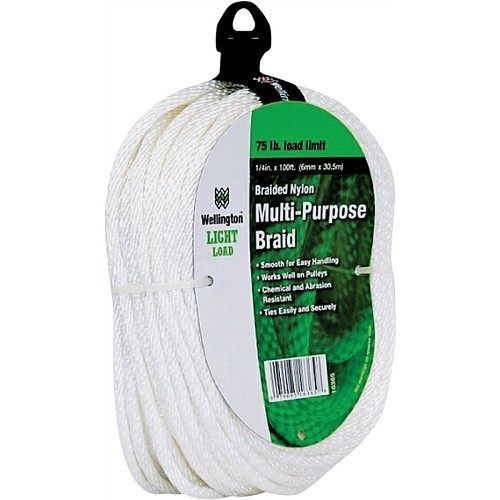 Rope, 1/4 in Dia, 100 ft Length, White, Nylon, 75 lb Load