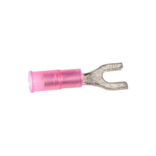 Spade Crimp Terminal, 22-18 AWG Conductor, Nylon, Red, #6 Stud, Spade Tongue