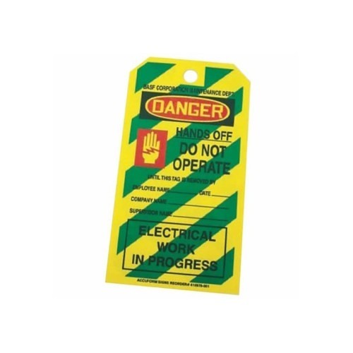 Accuform® CT63 Waterproof Fire Exchanger Tag, 5-7/8 in Height, 3-1/8 in Width, Black/Green/Red/Yellow, 3/8 in, Cardstock
