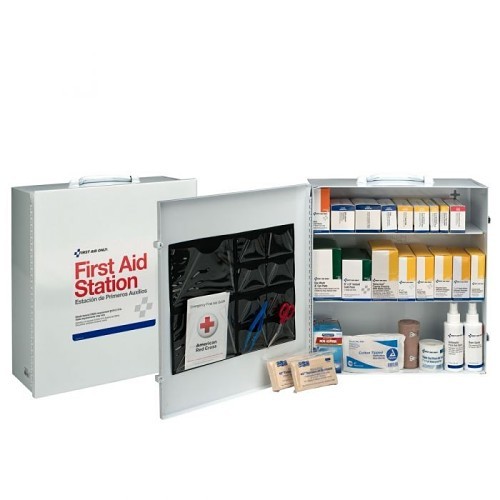 Acme United First Aid Only® 579-6155 First Aid Station, Wall Mount, 494 Components, Steel Case, 16-1/2 in Height, 5-1/2 in Width, 13-3/4 in Depth, People Served: 100 to 150, 3 Shelves