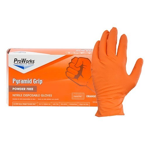 Adenna ProWorks® GL-N1050RF-M Disposable Gloves, Medium, #8, Nitrile, Orange, Powder Free Examination Glove, Textured Grip, 5 mil Thickness, Application Type: Wet and Dry, Ambidextrous Hand