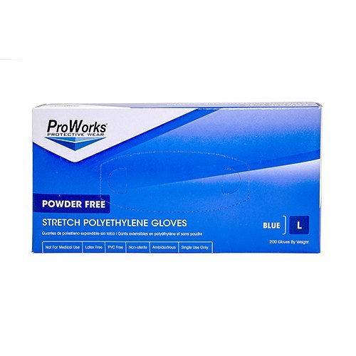 Adenna ProWorks® GL-SP200B-L Disposable Gloves, Large, #9, Polyethylene, Blue, 10 in Length, Powder Free Examination Glove, 2 mil Thickness, Ambidextrous Hand