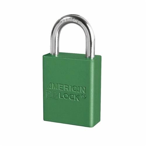 American Lock® A1105KAGRN Safety Padlock, Alike Key, Green, Anodized Aluminum Body, 1/4 in Dia x 1 in H x 25/32 in W Polished Chrome Boron Alloy Steel Shackle, Conductive Conductivity