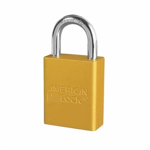 American Lock® A1105KAYLW Safety Padlock, Alike Key, Yellow, Anodized Aluminum Body, 1/4 in Dia x 1 in H x 25/32 in W Polished Chrome Boron Alloy Steel Shackle, Conductive Conductivity
