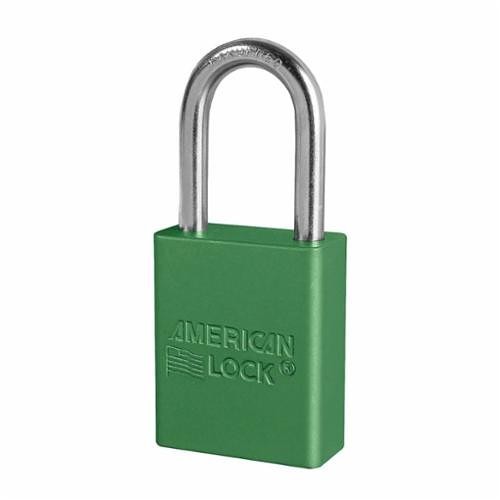 American Lock® A1106GRN Safety Padlock, Different Key, Green, Anodized Aluminum Body, 1/4 in Dia x 1-1/2 in H x 25/32 in W Polished Chrome Boron Alloy Steel Shackle, Conductive Conductivity