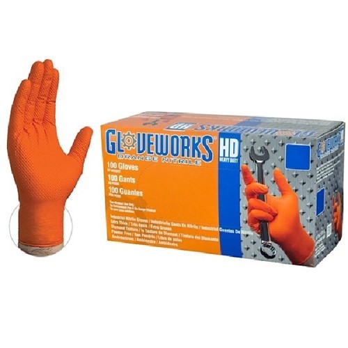 Ammex® GWON48100L Disposable Gloves, Large, #9, Nitrile, Hi-Viz Orange, 9-1/2 in Length, Powder Free Examination Glove, Diamond Textured, 8 mil Thickness, Ambidextrous Hand