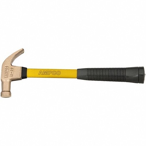 Ampco® H-20FG Claw Hammer, 14 in Overall Length, Smooth Face Surface, 1 lb Head, Aluminum Bronze Head, Curved Claw Claw Style, Fiberglass Handle