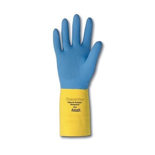Ansell 224-10 Chemical Resistant Gloves, X-Large, #10, Neoprene, Blue/Yellow, Cotton Flock, 13 in Length, 27 mil Thickness