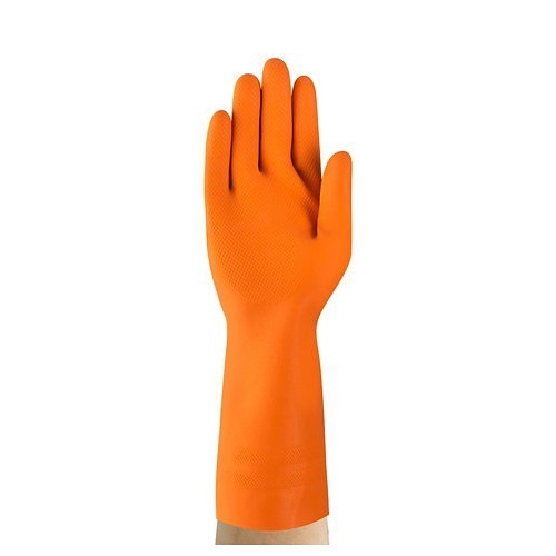 Ansell 87-208 Chemical Resistant Gloves, Large, #9, Natural Latex Rubber, Orange, Cotton Flock, 13 in Length, Resists: Ketones, Salts, Detergents, Alcohols, Alkalies And Fats, Unsupported, Pinked Cuff, 29 mil Thickness