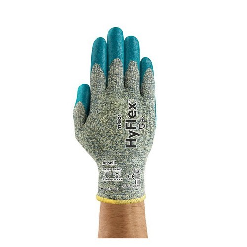 Ansell HyFlex® 11-501/10 Cut-Resistant Gloves, X-Large, #10, Foam Nitrile Coating, Knit Wrist Cuff, Resists: Heat, A4 ANSI Cut-Resistance Level, 3 ANSI Puncture-Resistance Level, Left and Right Hand, Blue/Gray