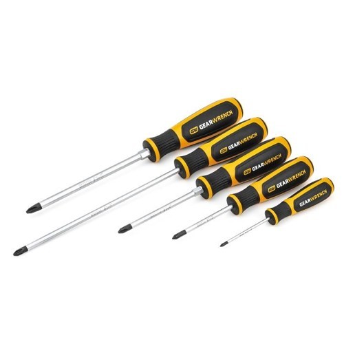 Apex® GEARWRENCH® 80052 Screwdriver Set, Dual Material, SAE, 5 Piece, No Insulated, No Magnetized Tip, #0 X 2-1/2 in, #1 X 3 in, #2 X 4 in,3 X 6 in, #2 X 8 in Phillips Screwdriver Types Included, Alloy Steel, Black Oxide