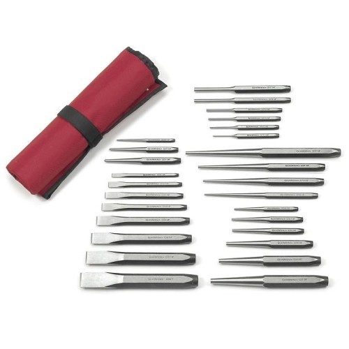 Apex® GEARWRENCH® 82306 Punch and Chisel Set, 5/8 in, 6-1/2 in, 3/4 in, 7-7/8 in, 7-1/2 in, 1 in, 8 in in Chisel, 19 Punches, 8 Chisels, 27 Piece, (8) Cold Chisels, (3) Center Punches, (6) Pin Punches, (4) Long Taper (Drift) Punches, (6) Starter Punches