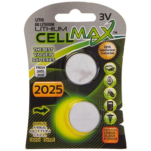 Battery Spot CellMax CM-CR2025-BP2 Button Cell, Lithium Manganese Dioxide Chemical System, 3 V Nominal, 150 mAh Nominal Capacity