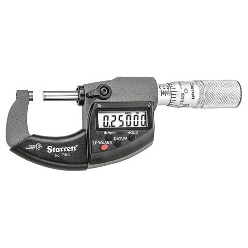 Starrett® MV7001104 Outside Micrometer, Measuring Range: 0 to 1 in, Graduations: 0.0001 in, LCD Display, Carbide, Satin Chrome