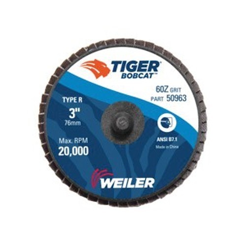 BobCat™ 50963 Type R Close Mini Standard Density Coated Abrasive Flap Disc, 3 in Dia Disc, 60 Grit, Medium Grade, Zirconia Alumina Abrasive, Type 27 Flat Disc