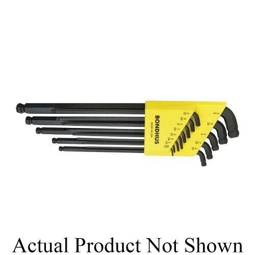 Bondhus® 67099 Extra Long Stubby Double Ball End Hex Key Set, 9 Pieces, 1.5 to 10 mm Hex, Hex Drive, L-Shaped Handle, ANSI B18.3.2M (R-2008), ASME B18.3 (R-2008), ISO 2936:2001 (C-2007), Steel, ProGuard™
