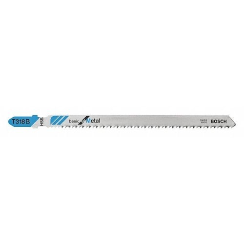 Bosch T318B100 Jig Saw Blade, 5.25 in Length, 0.3 in Width, 14 TPI, High Speed Steel Cutting Edge, High Speed Steel Body, Applicable Materials: Pipes, Profiles, Sheet Metal, Medium-thin Metals (Ferrous and/or Non-Ferrous Metals), Pipes, Profile Diameters