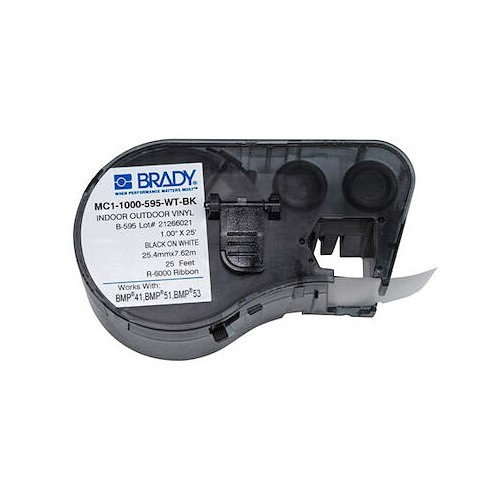 Brady® BRAMC-1500-595-WT-BK Label Maker Cartridge, 25 ft Length, 1 in Width, For Use With: BMP®41 Label Printer, BMP®51 & BMP®53 Label Maker, B-595 Vinyl, Black on White