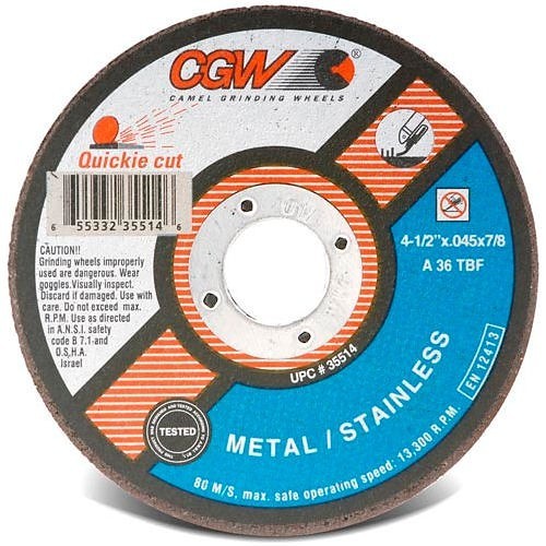 CGW® 35514 Cut-Off Wheel, 4-1/2 in Wheel Dia, 0.045 in Wheel Thickness, 7/8 in Center Hole, 36 Grit, Zirconia Aluminum Oxide Abrasive