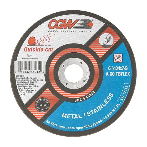 CGW® 35516 Cut-Off Wheel, 5 in Wheel Dia, 0.045 in Wheel Thickness, 7/8 in Center Hole, 36 Grit, Zirconia Aluminum Oxide Abrasive