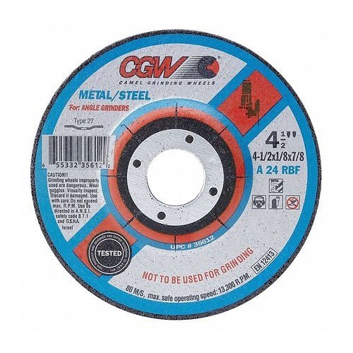 CGW® 35613 Depressed Center Wheel, 4-1/2 in Wheel Dia, 1/8 in Wheel Thickness, 5/8-11 in Center Hole, 24 Grit, Aluminum Oxide Abrasive