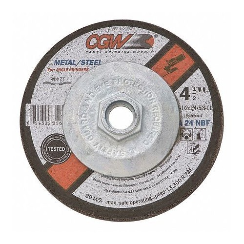 CGW® 35621 Depressed Center Wheel, 4-1/2 in Wheel Dia, 1/4 in Wheel Thickness, 5/8-11 in Center Hole, 24 Grit, Aluminum Oxide Abrasive