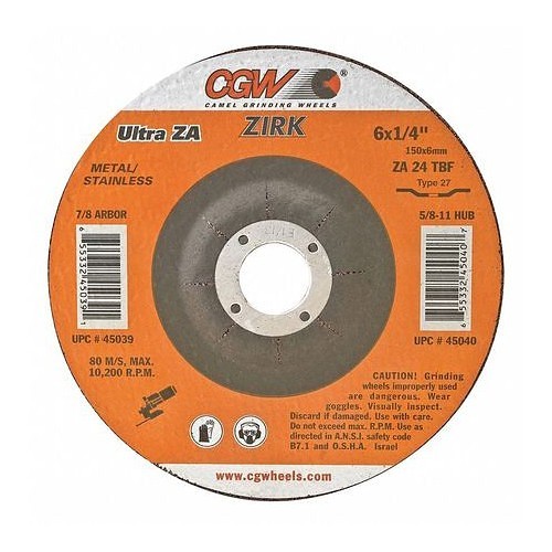 CGW® 35624 Depressed Center Wheel, 4-1/2 in Wheel Dia, 1/4 in Wheel Thickness, 7/8 in Center Hole, 24 Grit, Zirconia Aluminum Oxide Abrasive