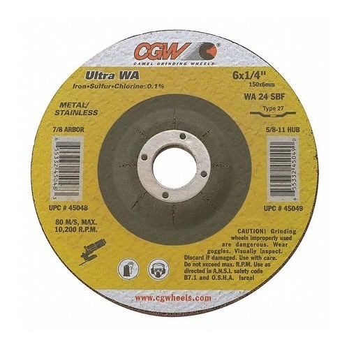 CGW® 35673 Depressed Center Wheel, 4-1/2 in Wheel Dia, 1/4 in Wheel Thickness, 7/8 in Center Hole, 24 Grit, Aluminum Oxide Abrasive