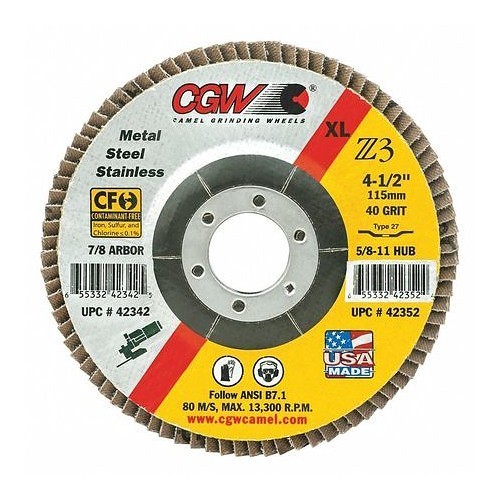 CGW® 36107 Depressed Center Wheel, 4-1/2 in Wheel Dia, 1/4 in Wheel Thickness, 7/8 in Center Hole, 30 Grit, Aluminum Oxide Abrasive