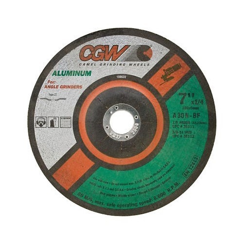 CGW® 36108 Depressed Center Wheel, 4-1/2 in Wheel Dia, 1/4 in Wheel Thickness, 5/8-11 in Center Hole, 30 Grit, Aluminum Oxide Abrasive