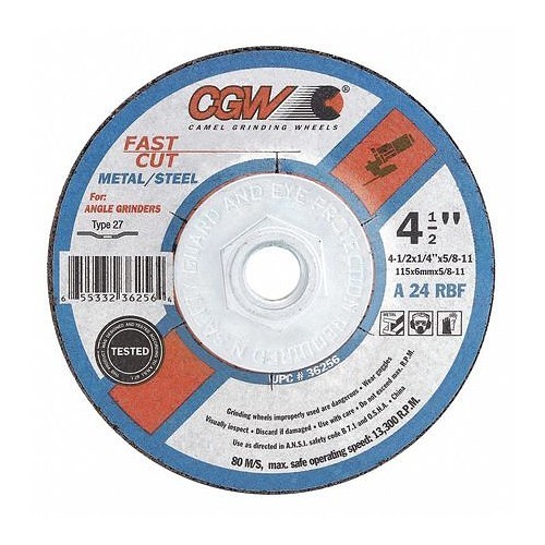 CGW® 36255 Depressed Center Wheel, 4-1/2 in Wheel Dia, 1/4 in Wheel Thickness, 7/8 in Center Hole, 24 Grit, Aluminum Oxide Abrasive