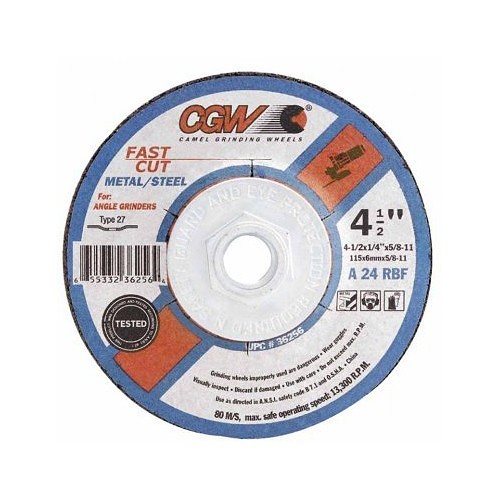 CGW® 36258 Depressed Center Wheel, 5 in Wheel Dia, 1/4 in Wheel Thickness, 5/8-11 in Center Hole, 24 Grit, Aluminum Oxide Abrasive