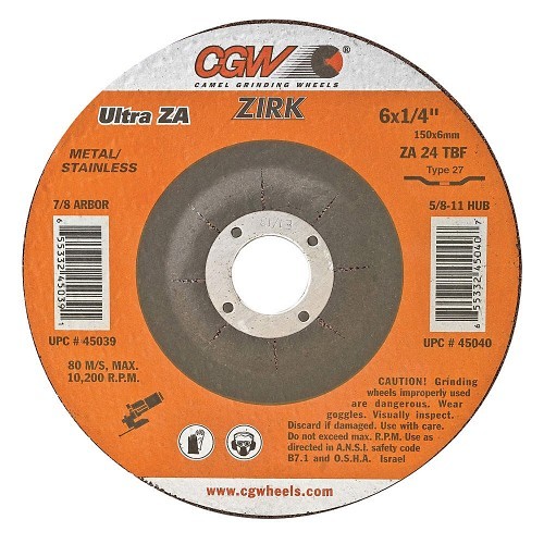 CGW® 37530 Center Grinding Wheel, 5 in Wheel Dia, 1/4 in Wheel Thickness, 5/8-11 Center Hole, 24 Grit, Zirconia Abrasive