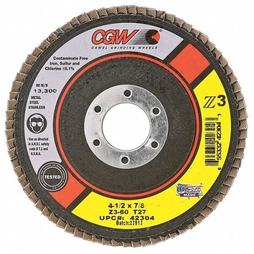 CGW® 42304 Flap Disc, 4-1/2 in Disc Dia, 7/8 in Center Hole, 60 Grit, Medium Grade, Zirconia Alumina Abrasive, Depressed Center Disc