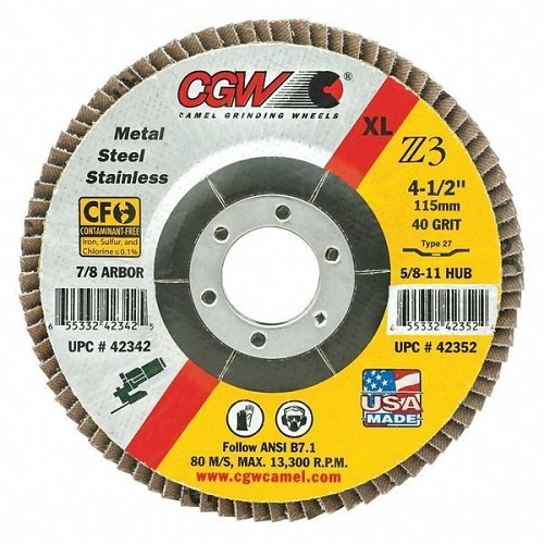 CGW® 42305 Flap Disc, 4-1/2 in Disc Dia, 7/8 in Center Hole, 80 Grit, Fine Grade, Zirconia Alumina Abrasive, Depressed Center Disc