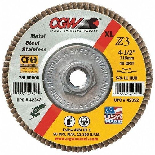 CGW® 42314 Flap Disc, 4-1/2 in Disc Dia, 5/8-11 Center Hole, 60 Grit, Medium Grade, Zirconia Abrasive
