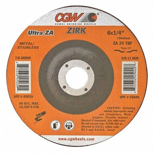 CGW® 45039 Depressed Center Wheel, 6 in Wheel Dia, 1/4 in Wheel Thickness, 7/8 in Center Hole, 24 Grit, Zirconia Aluminum Oxide Abrasive