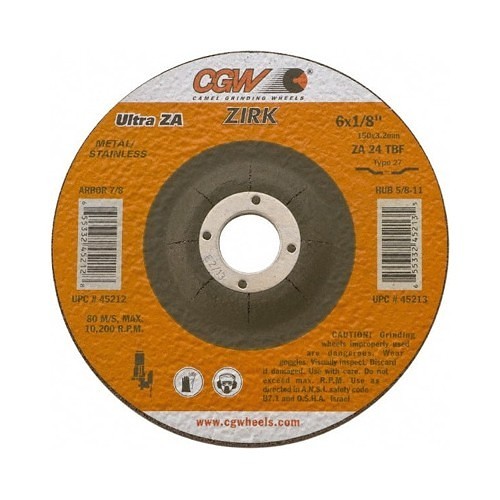 CGW® 45043 Depressed Center Wheel, 4 in Wheel Dia, 1/8 in Wheel Thickness, 3/8 in Center Hole, 24 Grit, Zirconia Aluminum Oxide Abrasive