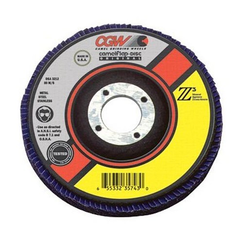 CGW® 54002 Flap Disc, 4-1/2 in Disc Dia, 7/8 in Center Hole, 40 Grit, Coarse Grade, Zirconia Alumina Abrasive, Depressed Center Flat Disc