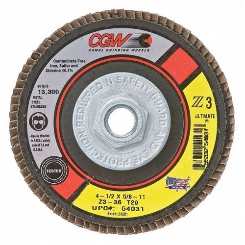 CGW® 54011 Flap Disc, 4-1/2 in Disc Dia, 5/8-11 Center Hole, 36 Grit, Extra Coarse Grade, Zirconia Abrasive