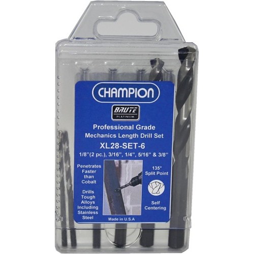 Champion® XL28-SET-6 Mechanics Length Twist Drill Set, 1/8 in, 3/8 in, 135 deg, 6 Piece, Stainless Steel