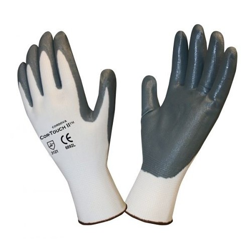 Cordova 6892L Machine Knit Gloves, Large, #9, 13 ga White Polyester Shell, Gray/White, Nitrile