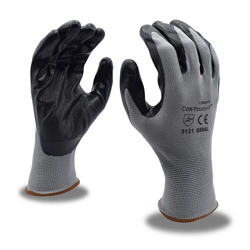 Cordova 6894L Machine Knit Gloves, Large, #9, 13 ga Gray Polyester Shell, White/Black, Nitrile