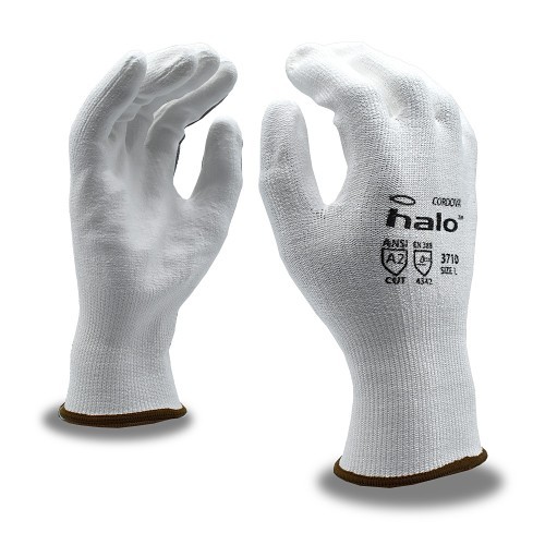 Cordova Safety Products Halo™ 3710L Cut-Resistant Gloves, Large, #9, Polyurethane Coating, HPPE, Knit Wrist Cuff, Resists: Abrasion, Cut, Puncture and Tear, A2 ANSI Cut-Resistance Level, 2 ANSI Puncture-Resistance Level, White