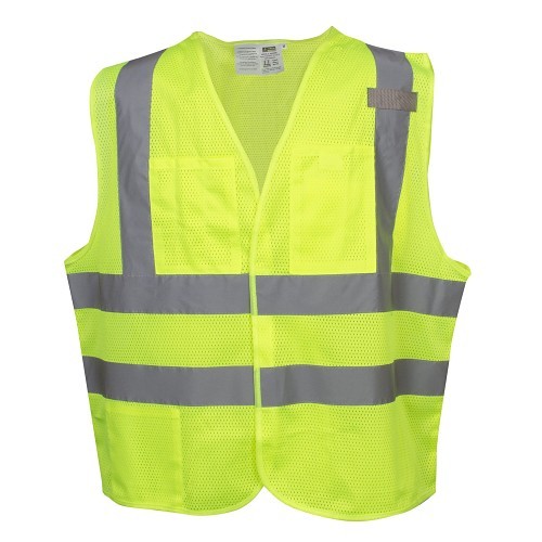 Cordova V231PFRM Safety Vest, Medium, Hi-Vis Lime Green, 2" Silver Reflective Stripes, Polyester Mesh, Hook and Loop Closure, 3 Pockets, Class 2, ANSI/ISEA 107-2015, Type R, NFPA 701